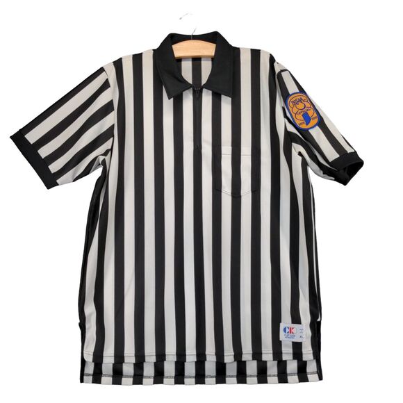 Vintage Cliff Keen Athletic IHSAA Patch Referee Shirt Men XL White Black Striped - Picture 1 of 13